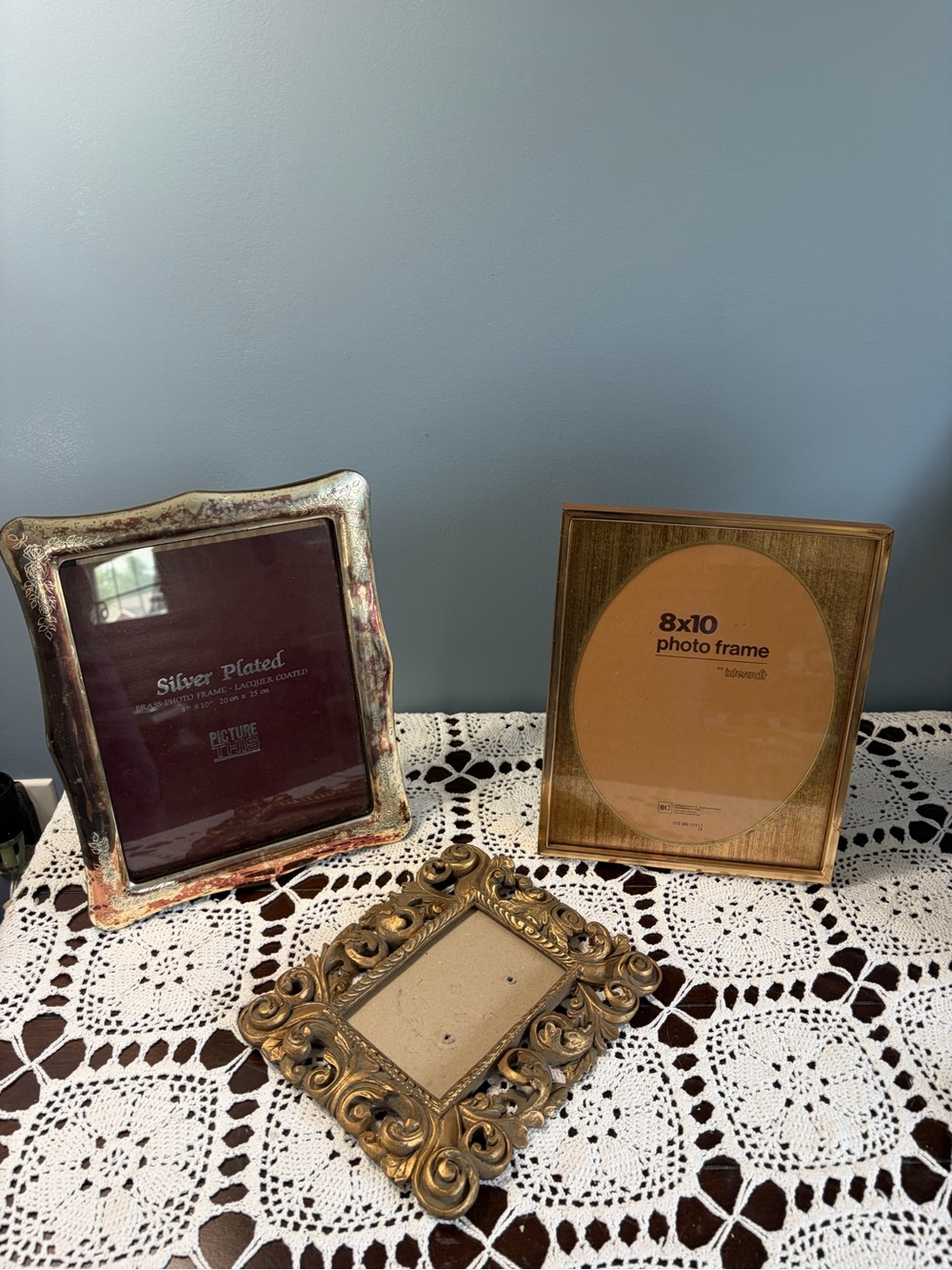 Vintage Picture Frame Lot. 2 8x10’s & 1 Decretive Silver Plated, Gold